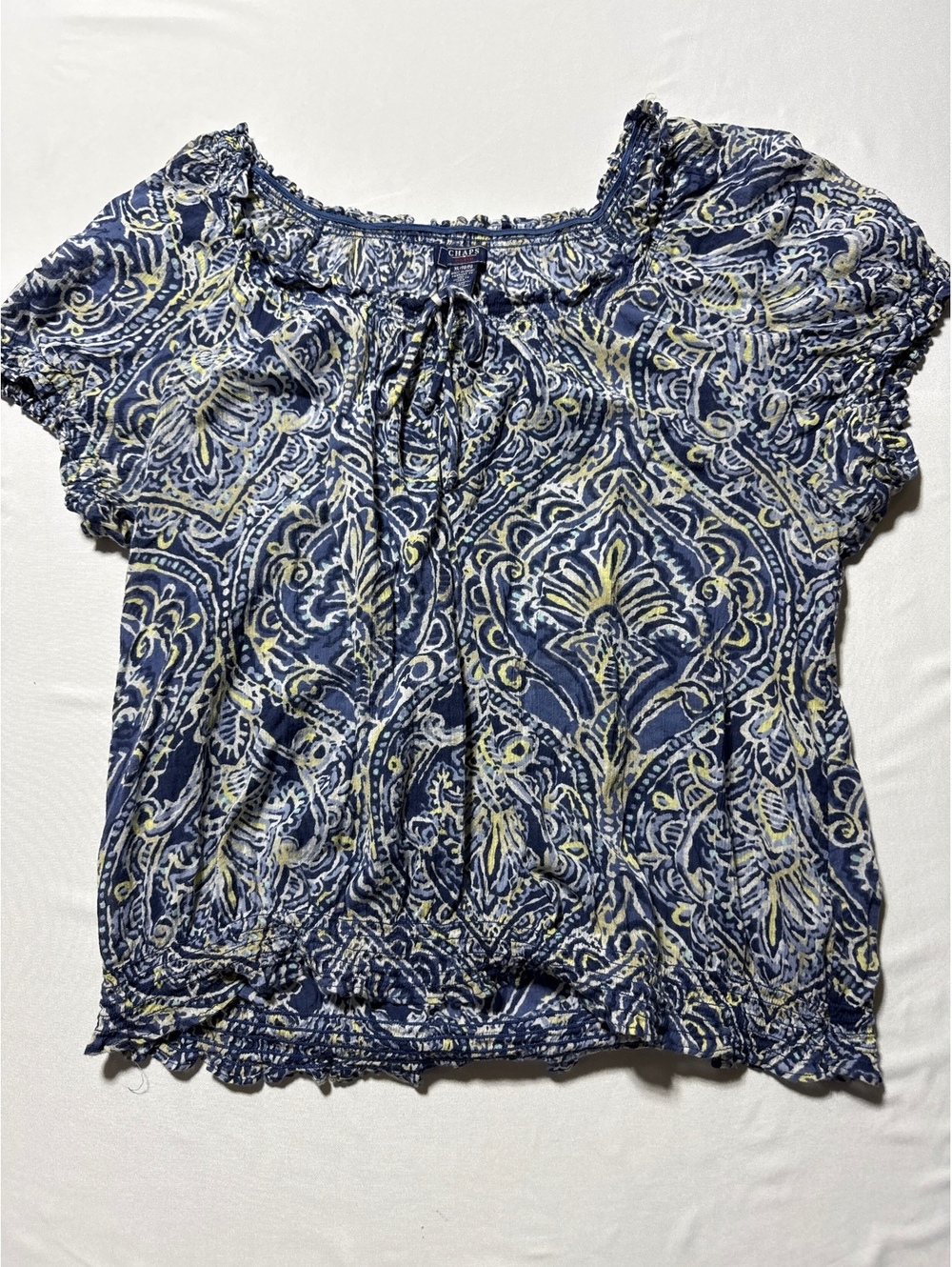 Chaps Denim XL Blue Cotton Paisley Puff Sleeve Blouse - Boho